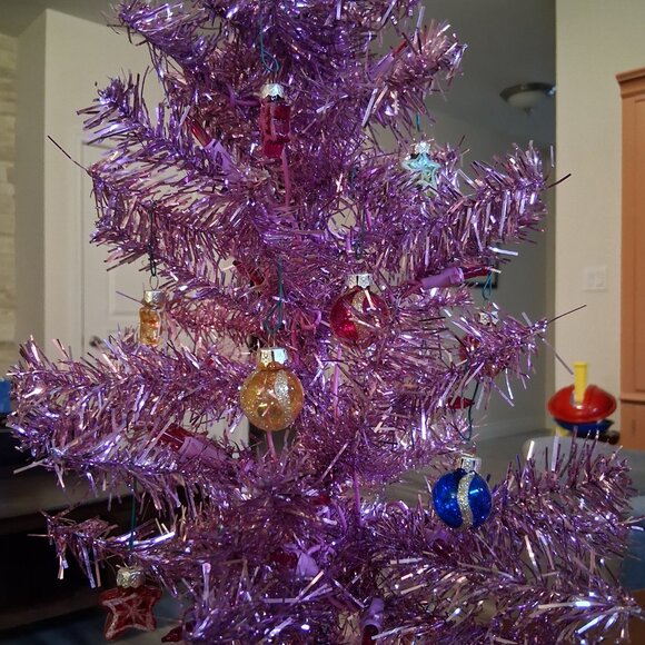 Vintage Tinsel Christmas Tree 24" Lights And Ornaments - Picture 3 of 5